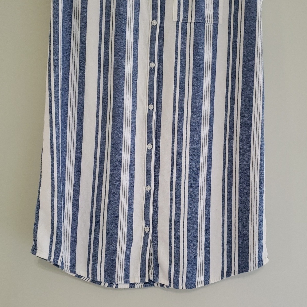 Old Navy Linen Blend Midi Shirtdress Medium Blue White Striped Coastal Beach - Picture 3 of 12